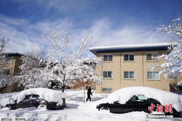 資料圖：當?shù)貢r間2021年3月15日，美國科羅拉多州丹佛，當?shù)赜瓉韽姳╋L雪天氣，城市被積雪覆蓋。