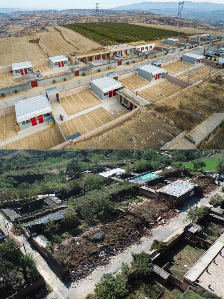 拼版照片，上圖是2022年1月山西省霍州市師莊鄉(xiāng)馮南垣村災(zāi)后恢復(fù)重建后的場景，下圖是2021年10月村莊因災(zāi)受損的場景。(霍州市委宣傳部供圖)