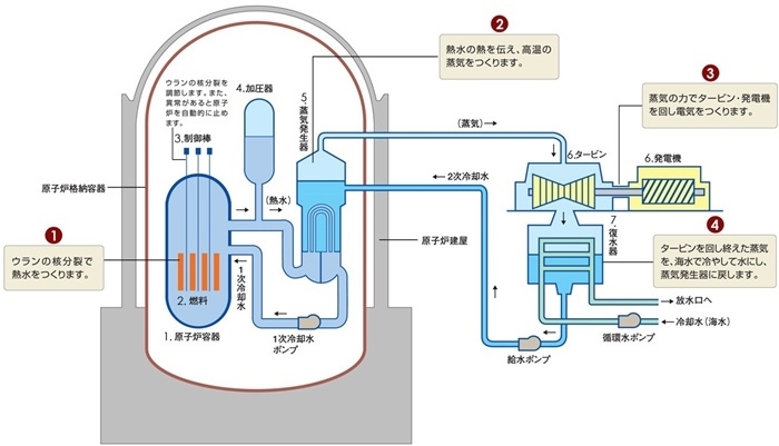核電站運作原理圖。通常的核電站排水未直接接觸核燃料。（圖片來源：日本北海道電力株式會社網(wǎng)站）