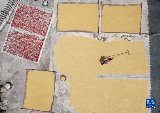 9月16日，村民在貴州省黔東南苗族侗族自治州施秉縣馬溪鄉(xiāng)王家坪村晾曬稻谷（無人機照片）。