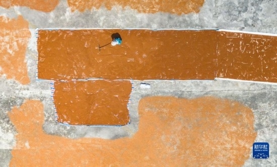 9月16日，農(nóng)民在貴州省安順市西秀區(qū)大西橋鎮(zhèn)吉昌村晾曬高粱（無人機照片）。