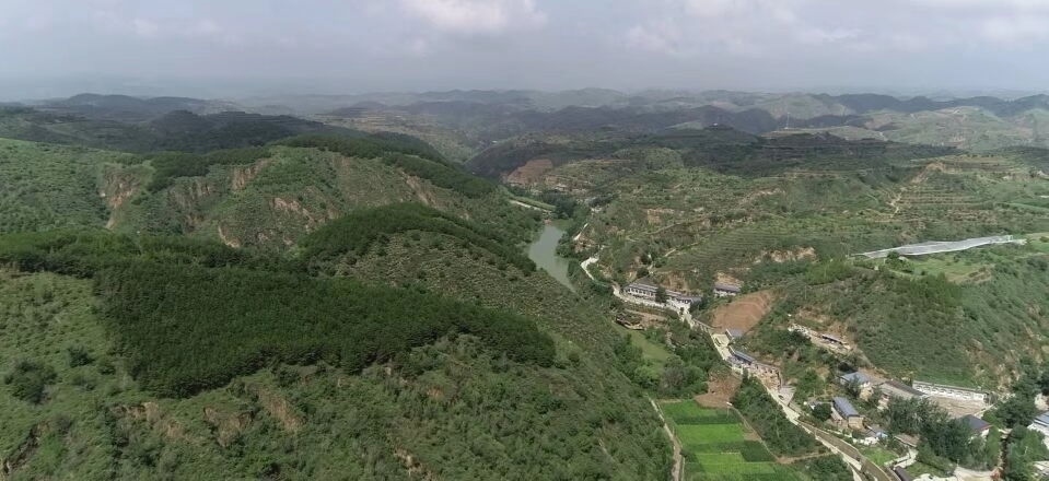 黃土溝壑中的高西溝村滿眼綠色（無人機照片，2023年7月26日）。新華社記者陳昌奇 攝