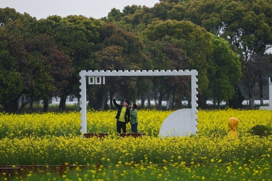 游客在浙江嘉興市秀洲區(qū)王店鎮(zhèn)鎮(zhèn)中村的“青青樂地”農耕文化園內游玩（2023年4月3日攝）。
