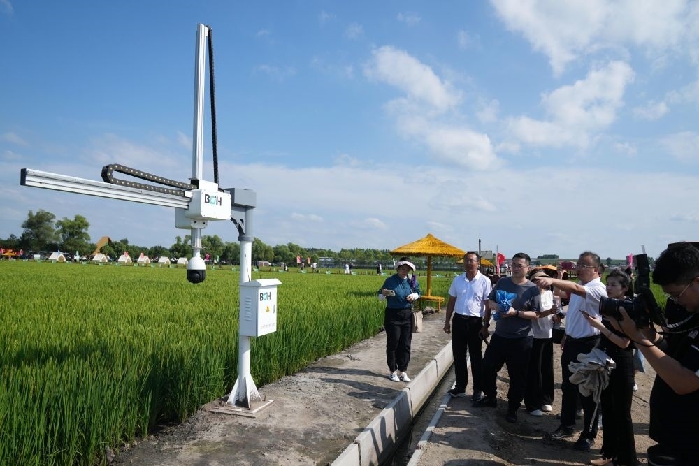 在北大荒集團(tuán)閆家崗農(nóng)場有限公司農(nóng)業(yè)現(xiàn)代化示范區(qū)，工作人員在介紹利用數(shù)字技術(shù)的葉齡診斷儀（2023年8月10日攝）。新華社記者 王建威 攝