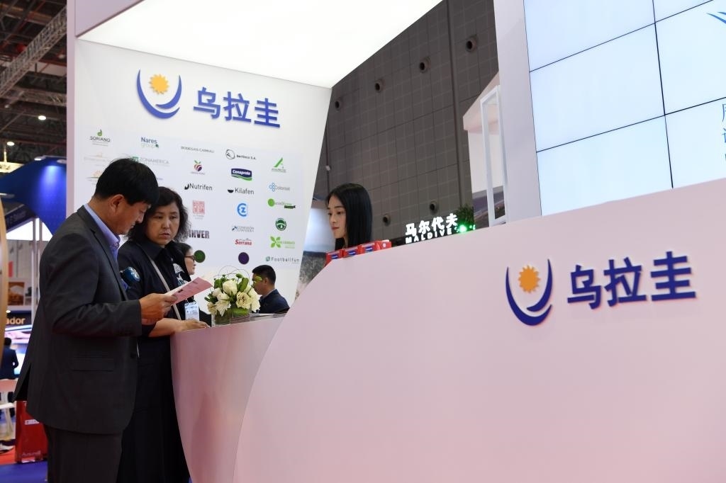 2019年11月6日，參觀者在第二屆進(jìn)博會(huì)烏拉圭國(guó)家館展臺(tái)咨詢。