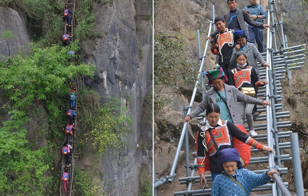 “懸崖村”今昔對比：左圖為2016年5月14日，“懸崖村”的孩子們攀爬木梯回家。右圖為2020年5月13日，“懸崖村”村民帶著行李通過鋼梯下山，搬遷至易地扶貧集中安置點的新家。