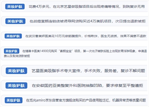 “人民投訴”用戶舉報(bào)醫(yī)美未達(dá)預(yù)期效果或?qū)е律眢w損傷退款遭拒、機(jī)構(gòu)及服務(wù)人員虛假資質(zhì)、被誘導(dǎo)高額醫(yī)美貸、網(wǎng)購(gòu)美容儀器質(zhì)量不過(guò)關(guān)等問(wèn)題。（“人民投訴”平臺(tái)截圖）