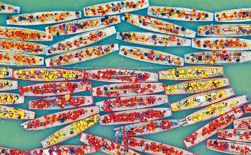 溱潼會(huì)船由南宋相沿至今，歷經(jīng)數(shù)百年傳承，被列入國家級(jí)非物質(zhì)文化遺產(chǎn)名錄。圖為2024年4月6日在江蘇省泰州市姜堰區(qū)溱湖國家濕地公園參加會(huì)船表演的船只。 新華社發(fā) 湯德宏/攝