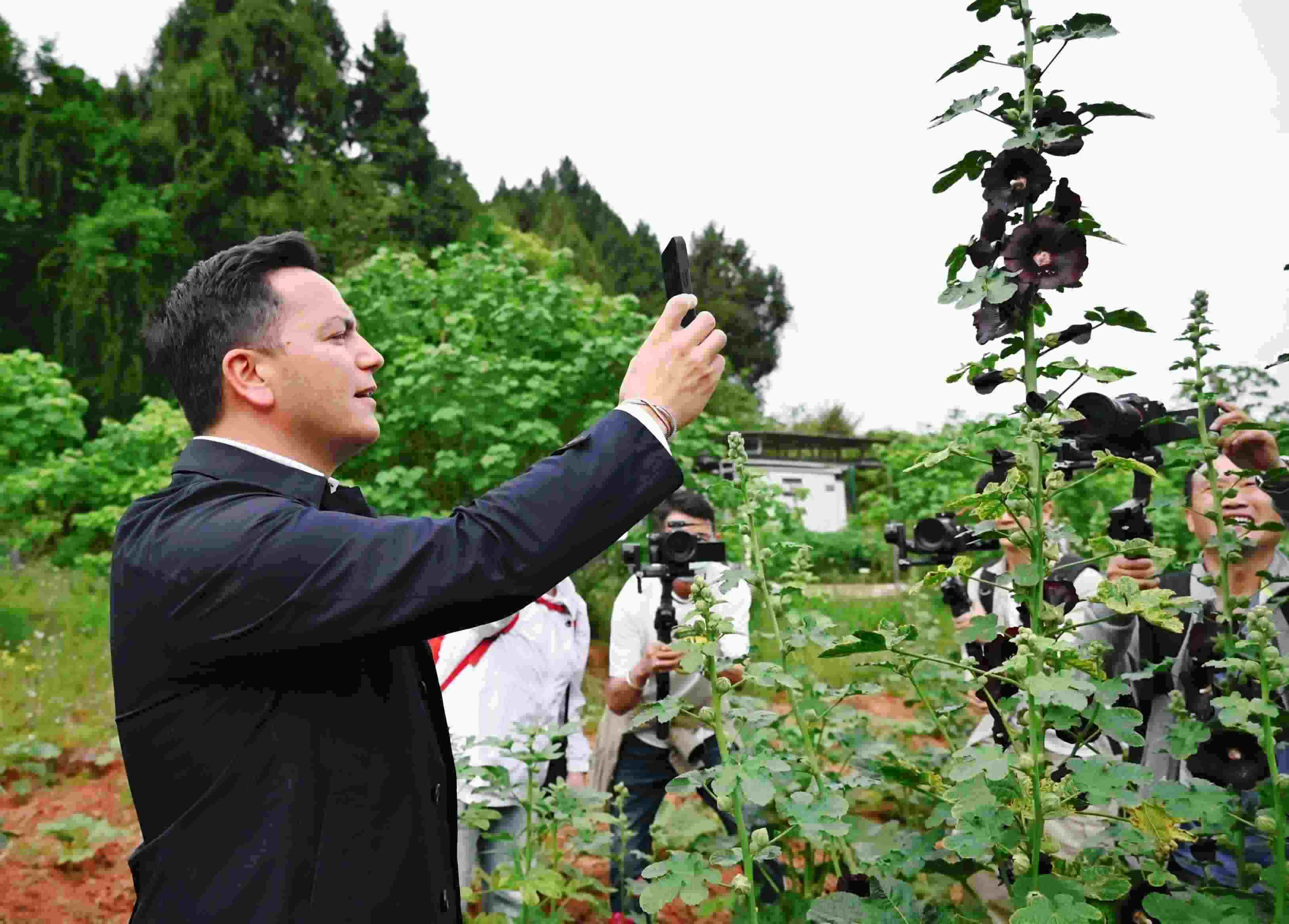  △2024年4月23日，國際園藝生產者協會主席萊昂納多·卡皮塔尼奧在成都市金堂縣鮮花山谷景區(qū)考察蜀葵產業(yè)。