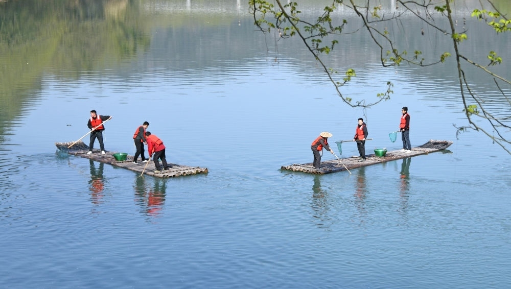 浙江省臺州市仙居縣步路鄉(xiāng)黨員志愿者與河長一起在永安溪巡河護水，清理雜物垃圾（2024年3月20日攝）。新華社發(fā)（王華斌攝）