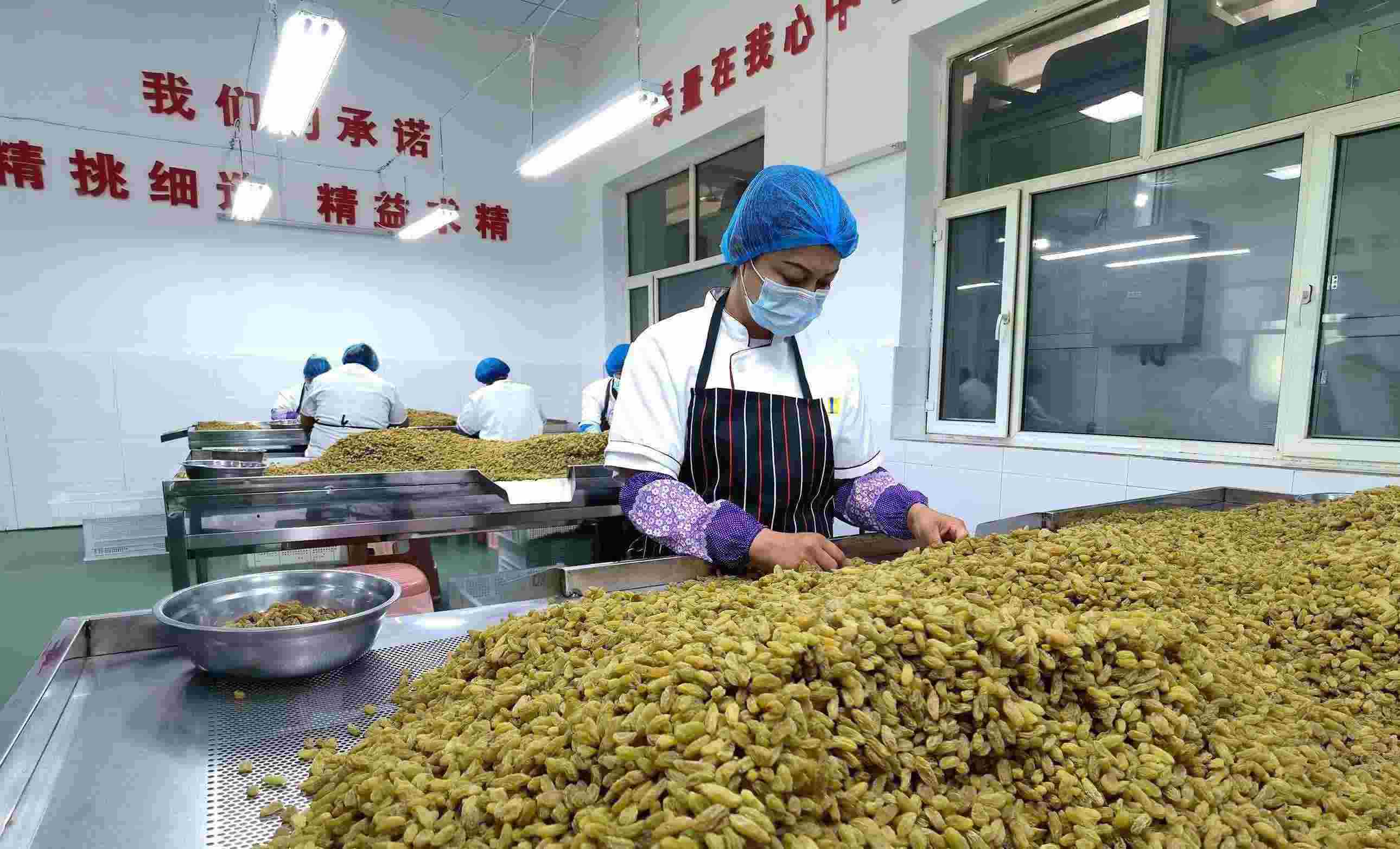 新疆吐魯番市高昌區(qū)亞爾鎮(zhèn)新城西門村，村民們在分揀葡萄干。