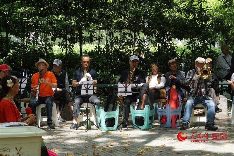 成都居民在公園里演奏歌曲。人民網(wǎng) 王禹蘅攝