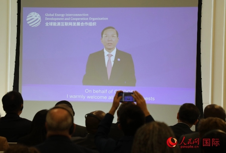 全球能源互聯網發(fā)展合作組織主席、中國電力企業(yè)聯合會理事長辛保安通過視頻方式致辭。人民網記者 李志偉攝