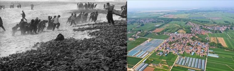 拼版照片：左圖為蘭考群眾在拉淤土壓沙（新華社記者 鄧歷耕 攝）；右圖為2024年4月25日拍攝的蘭考縣張莊村（無人機照片，新華社記者 郝源 攝）。