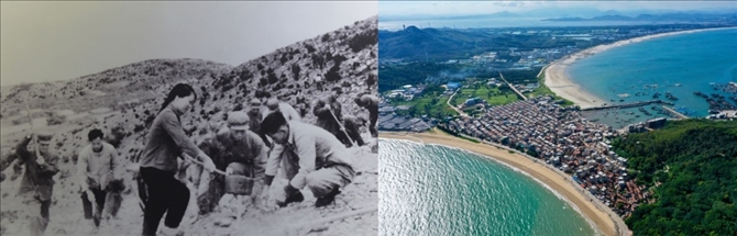 拼版照片：左圖為東山縣群眾在荒山上種植樹苗（資料照片）；右圖為2020年6月18日拍攝的東山縣陳城鎮(zhèn)澳角村附近風光（無人機照片，新華社記者 姜克紅 攝）。