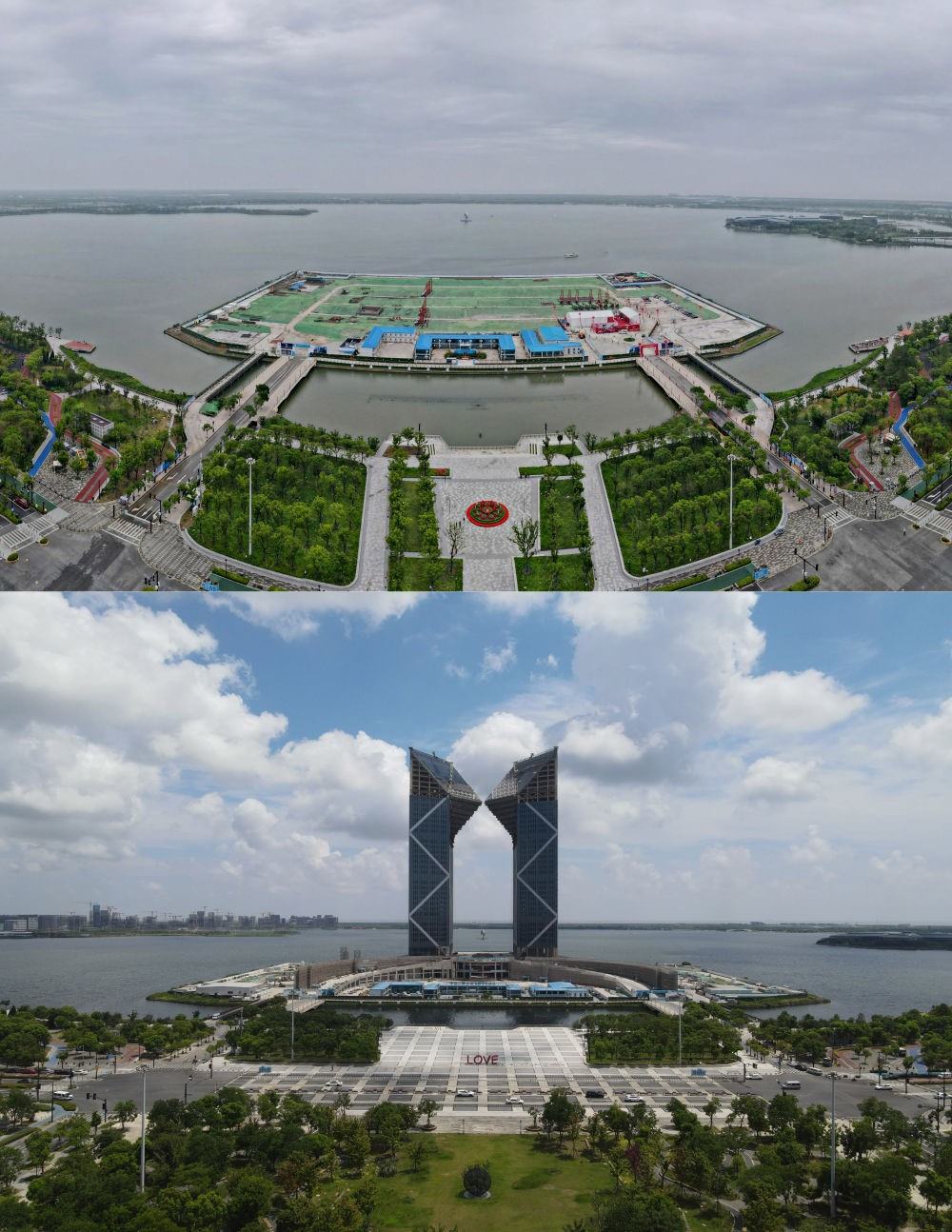 拼版照片：空中俯瞰中國（上海）自由貿(mào)易試驗區(qū)臨港新片區(qū)滴水湖西島中銀金融中心項目現(xiàn)場（上圖為2021年6月20日攝，無人機照片；下圖為2024年8月14日攝，無人機照片）。2019年8月20日，臨港新片區(qū)揭牌成立，一個開放新高地在長江與東海交匯處日益崛起。