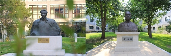 △左圖為中央黨校（國(guó)家行政學(xué)院）校園內(nèi)的焦裕祿雕塑，右圖為校園內(nèi)的谷文昌雕塑。