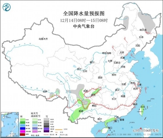 全國(guó)降水量預(yù)報(bào)圖(12月14日08時(shí)-15日08時(shí)) 圖片來(lái)源：中央氣象臺(tái)網(wǎng)站