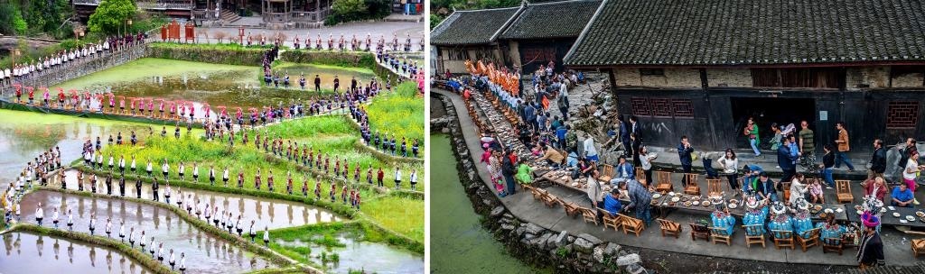 左圖：近期，人們?cè)诶杵娇h肇興侗寨的田園里演唱侗族大歌（黎平縣委宣傳部供圖）；右圖：這是2023年拍攝的十八洞村長(zhǎng)桌宴（湘西州委宣傳部供圖）。