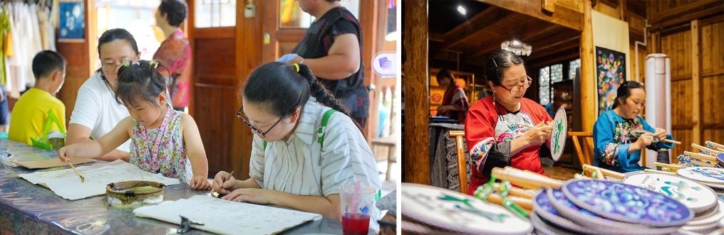 左圖：近期，游客在黎平縣肇興侗寨體驗(yàn)非遺蠟染藝術(shù)（黎平縣委宣傳部供圖）；右圖：這是2024年拍攝的繡娘在十八洞村梨子寨苗繡鄉(xiāng)村振興示范基地制作苗繡產(chǎn)品（湘西州委宣傳部供圖）。