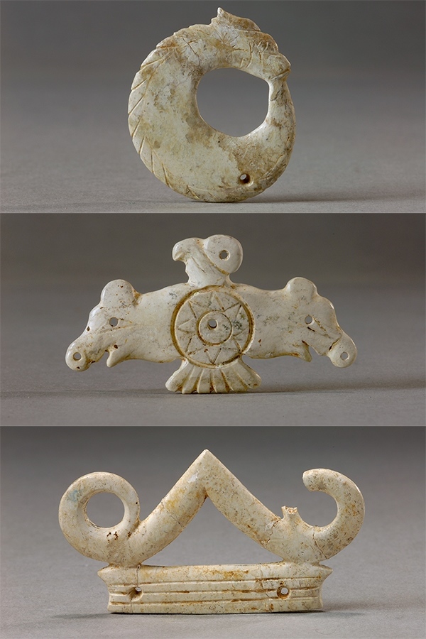 玉龍（上）、玉鷹（中）和玉冠飾（下）。國家文物局供圖