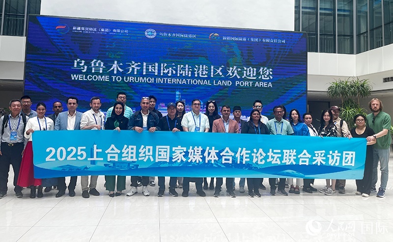 5月26日，外國媒體人在烏魯木齊國際陸港區(qū)合影留念。 人民網(wǎng)記者 翟轉(zhuǎn)麗攝