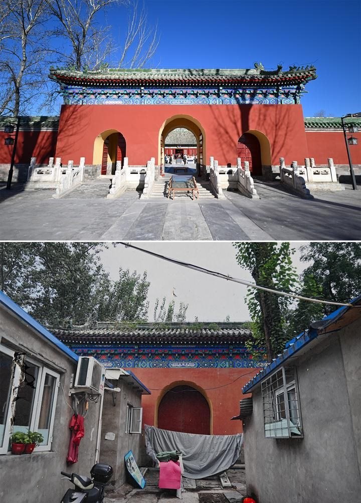 位于先農(nóng)壇內(nèi)的慶成宮，曾長(zhǎng)時(shí)間被雜亂的民居占據(jù)。在北京中軸線(xiàn)申遺保護(hù)工作的帶動(dòng)下，北京完成了慶成宮區(qū)域文物征收騰退、非文物建筑拆除、彩畫(huà)保護(hù)、本體修繕、展覽布陳等，讓560多年歷史的古建群重新回歸。2024年12月，北京中軸線(xiàn)上先農(nóng)壇內(nèi)的慶成宮首次面向社會(huì)公眾開(kāi)放。上圖為騰退修繕后的慶成宮內(nèi)宮門(mén)（資料照片）；下圖為翻拍的慶成宮內(nèi)宮門(mén)騰退修繕前的資料照片（2024年12月21日攝）。